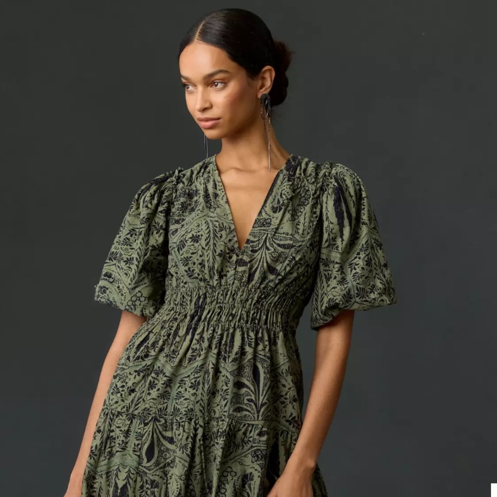 Anthropologie- Pilcro Cordury Ruched Printed Midi Dress